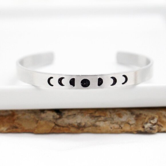 Moon Phases Bangle - Hand Stamped Anodized Aluminum Bangle - Adjustable - Picture 10 of 12